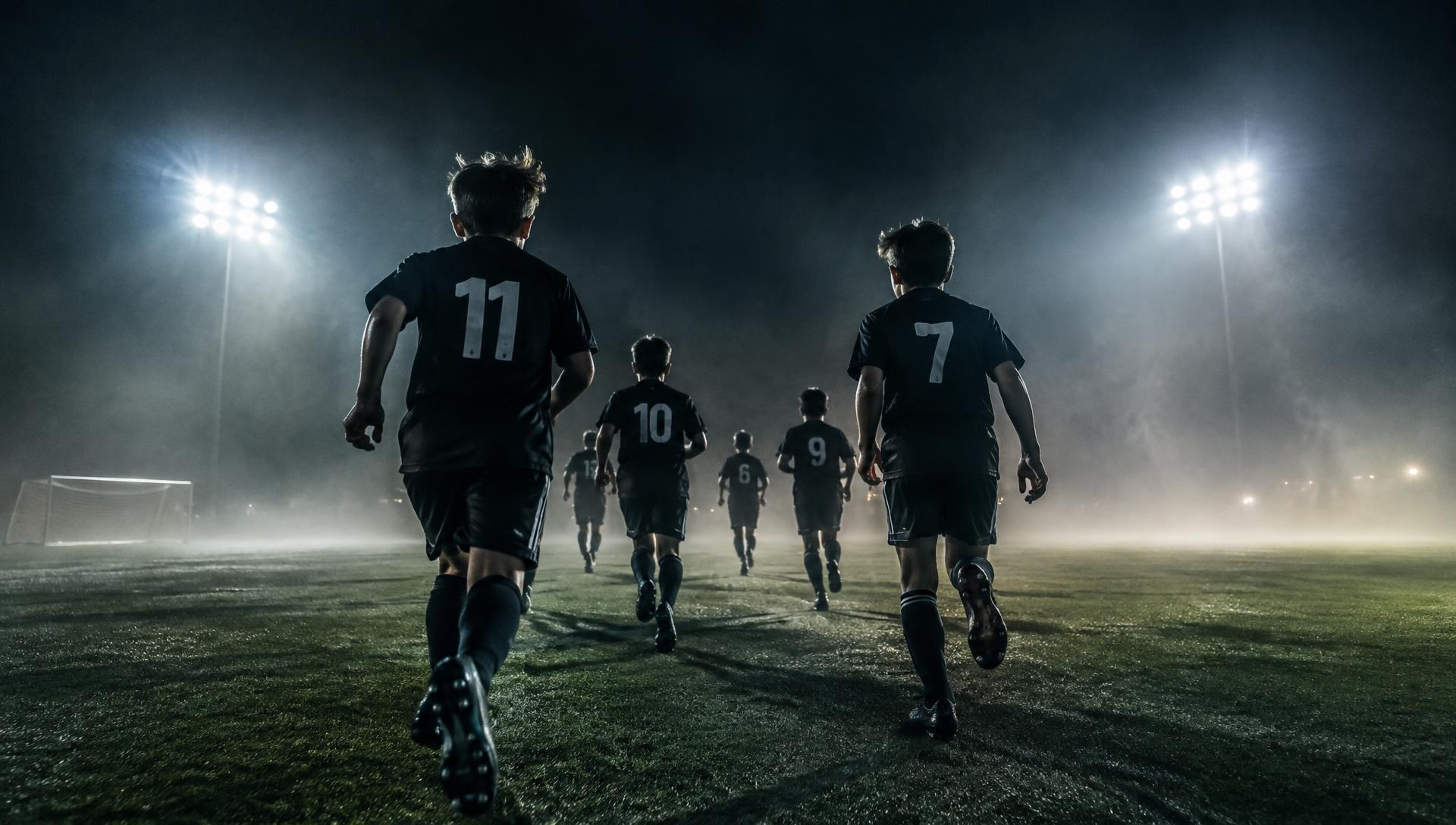 Young players running onto a floodlit field